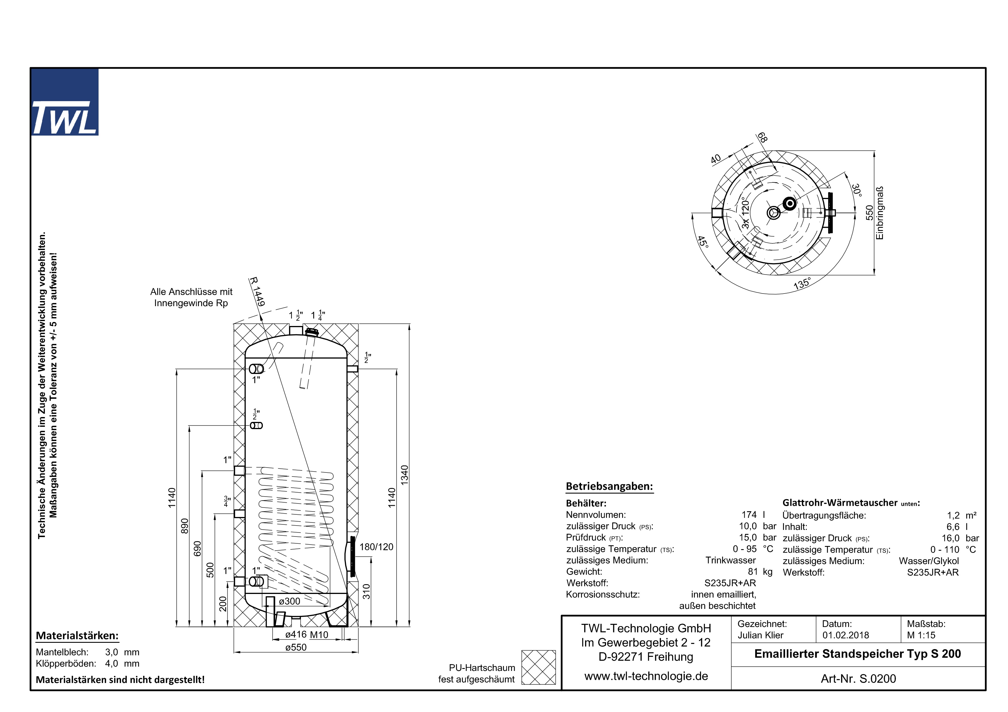 TWL Emaillierter Standspeicher 1x Wärmetauscher 200 Liter EEK-B Warmwasserspeicher