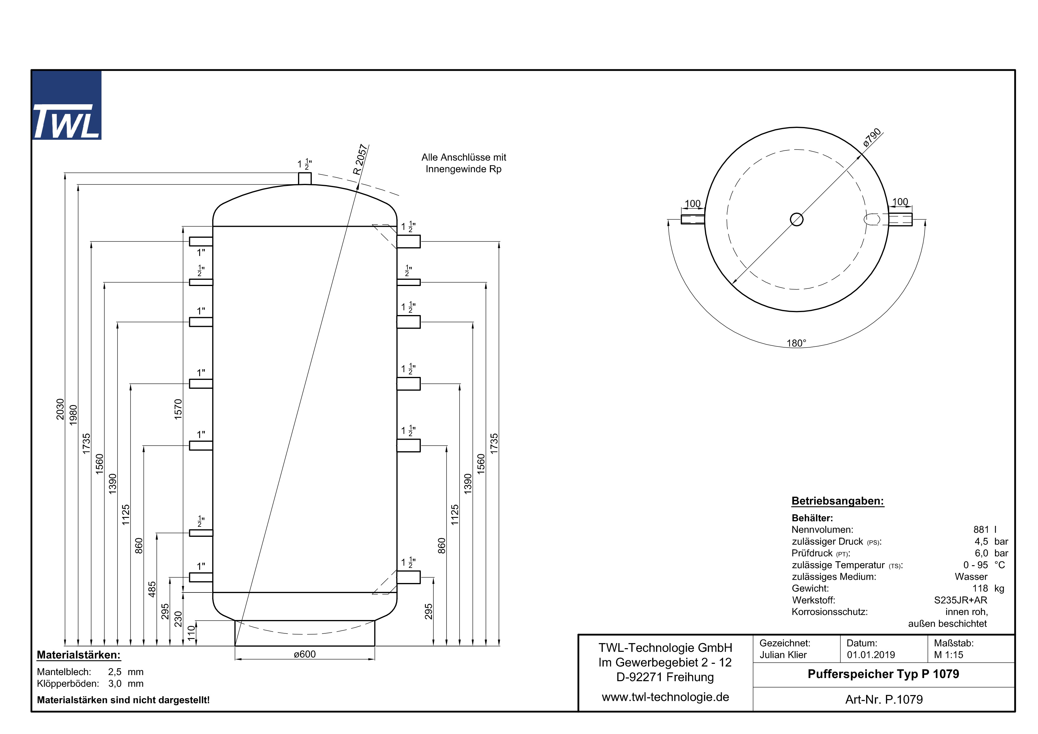 TWL Pufferspeicher P 1000 Liter - ÖkoLine-A Isolierung - Ø 79cm