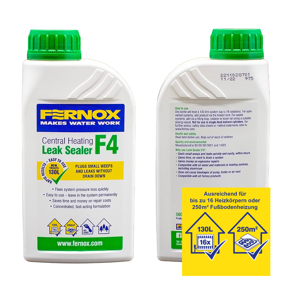 Fernox Leak Sealer F4 Konzentrat 500 ml Flüssigdichtmittel für geschlossene Heizsysteme Fernox Leak Sealer F4 Konzentrat 500 ml Flüssigdichtmittel für geschlossene Heizsysteme