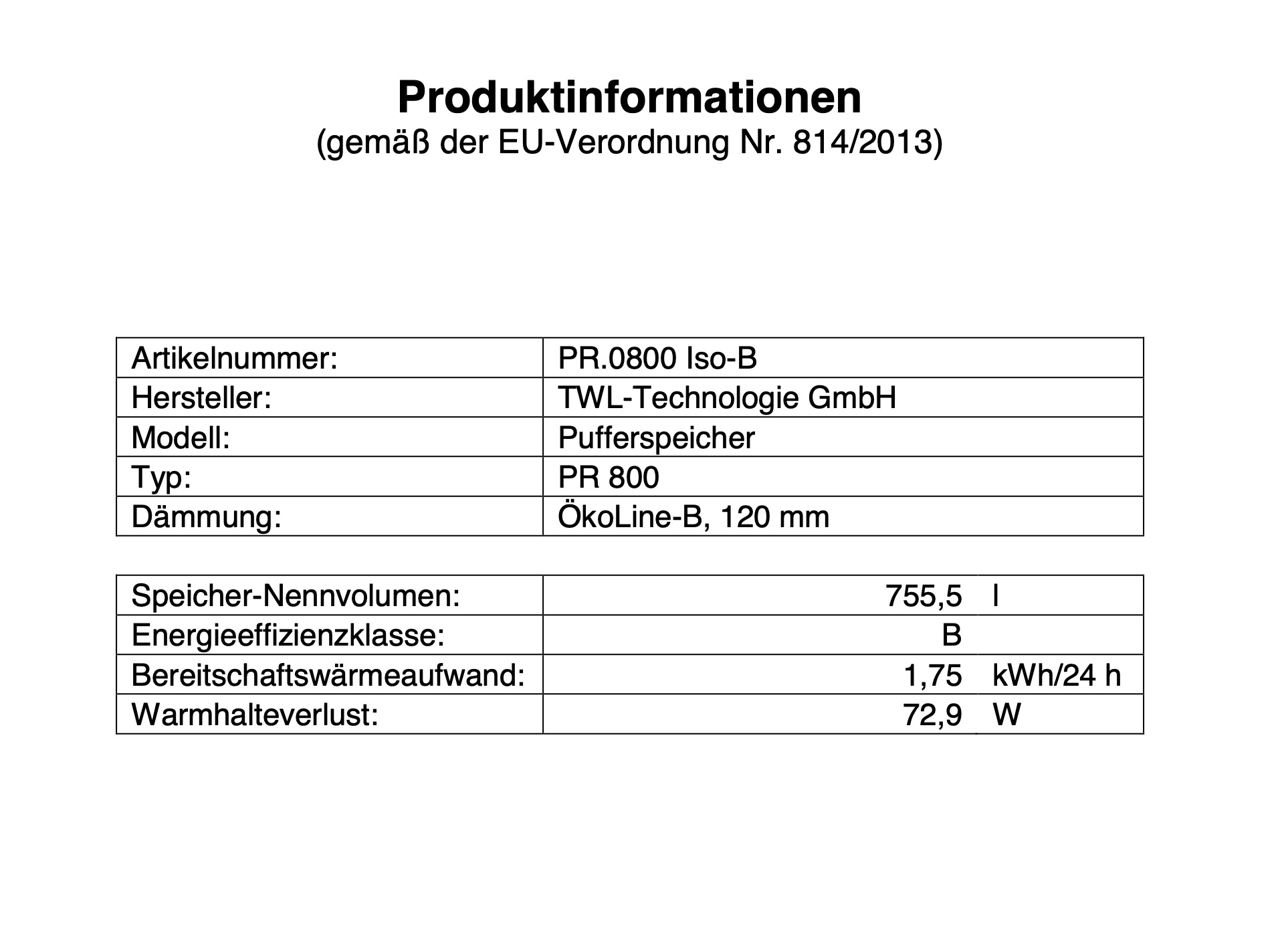 TWL Pufferspeicher PR 800 Liter - ÖkoLine-B Isolierung