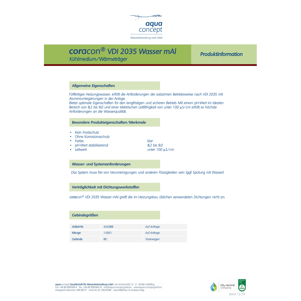 coracon® VDI 2035 Wasser mAl – Reines VE-Füllwasser für Heizungen mit Aluminium – Gebrauchsfertig und pH-stabilisiert