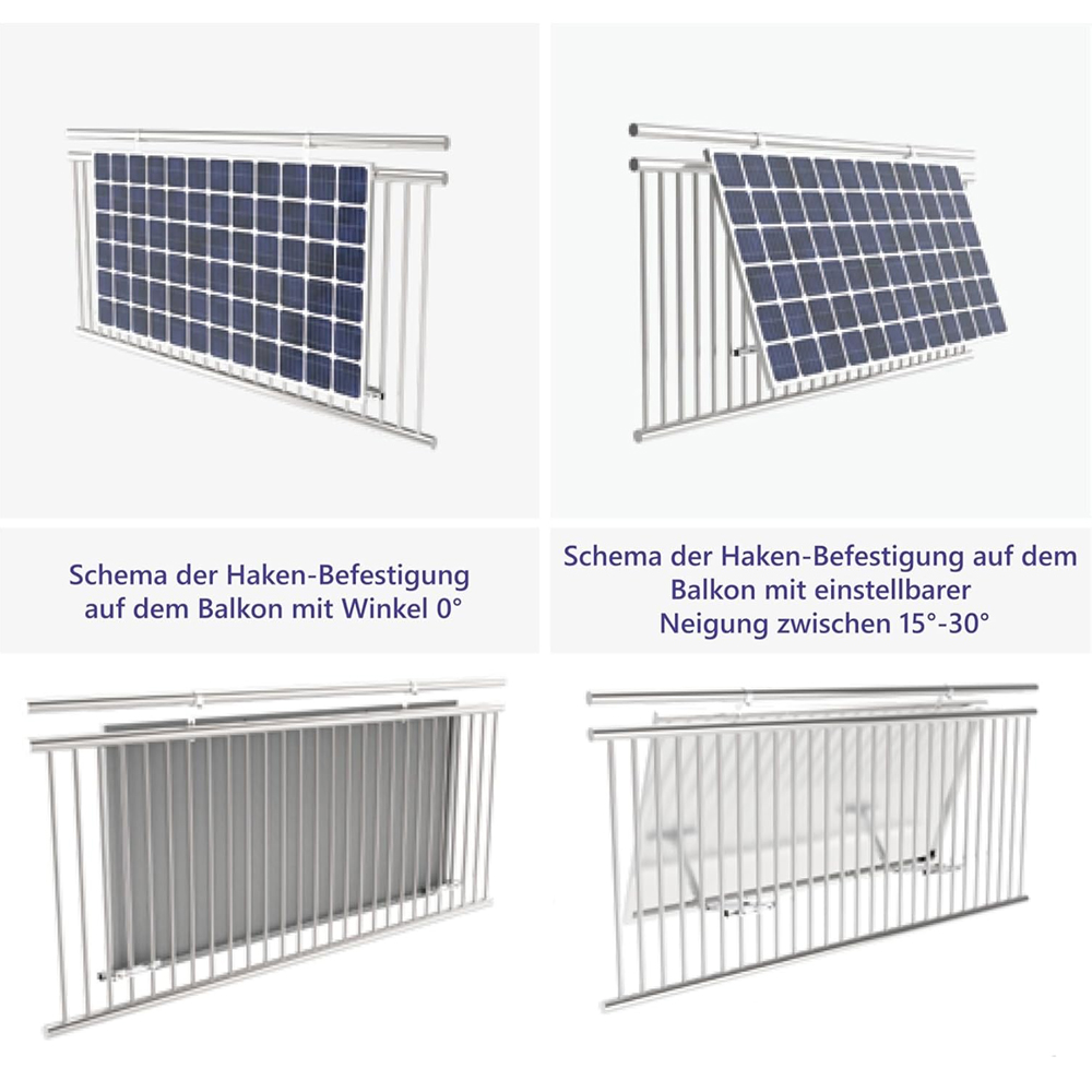 Solarmodul Halterung für Balkonkraftwerke - runde Geländer bis 30° neigbar - 0% MwSt. Solarmodul Halterung für Balkonkraftwerke - runde Geländer bis 30° neigbar - 0% MwSt.