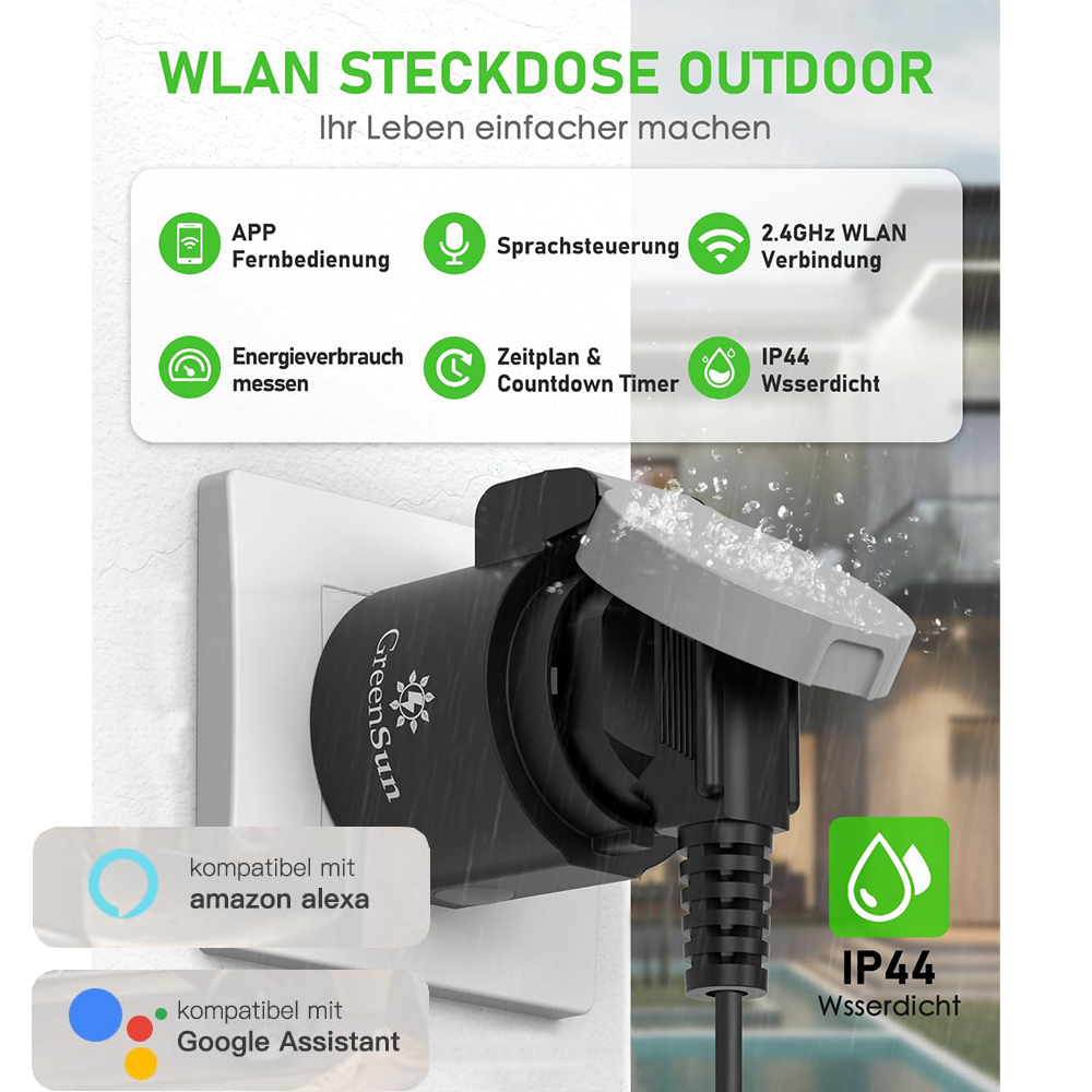 GreenSun WLAN Außensteckdose mit Strommessung – IP44 Wasserdicht – Zeitschaltuhr, App-Steuerung & Sprachsteuerung – Ideal für Balkonkraftwerke GreenSun WLAN Außensteckdose mit Strommessung – IP44 Wasserdicht – Zeitschaltuhr, App-Steuerung & Sprachsteuerung – Ideal für Balkonkraftwerke
