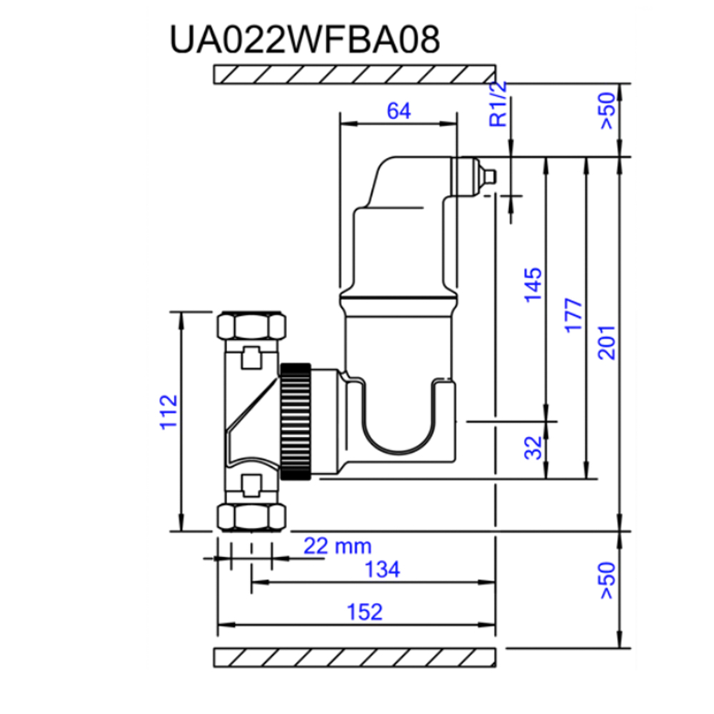 UA022WFBA08-01 22 mm Klemmring AUTOCLOSE-LUFTABSCHEIDER - Universal - SpiroVent Solar bis 180°