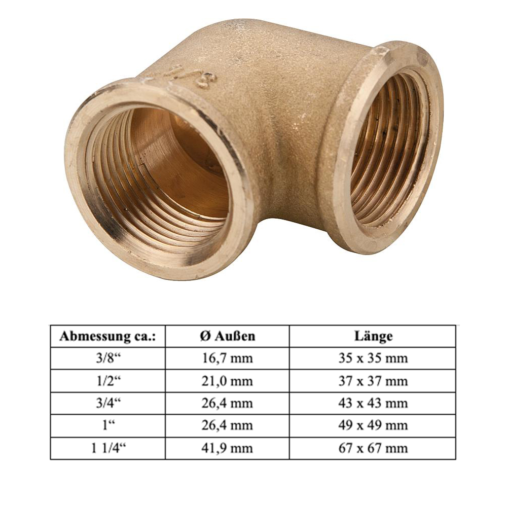 90° Messing Winkel 3/8" bis 1 1/4" - DN10 bis DN32 Innengewinde Messingwinkel