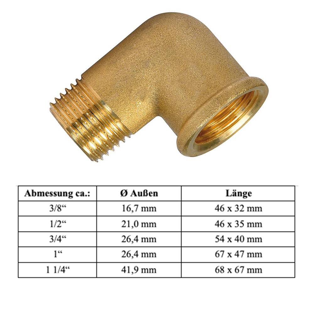 90° Messing Winkel 3/8" bis 1 1/4" - DN10 bis DN32 Innengewinde/Außengewinde