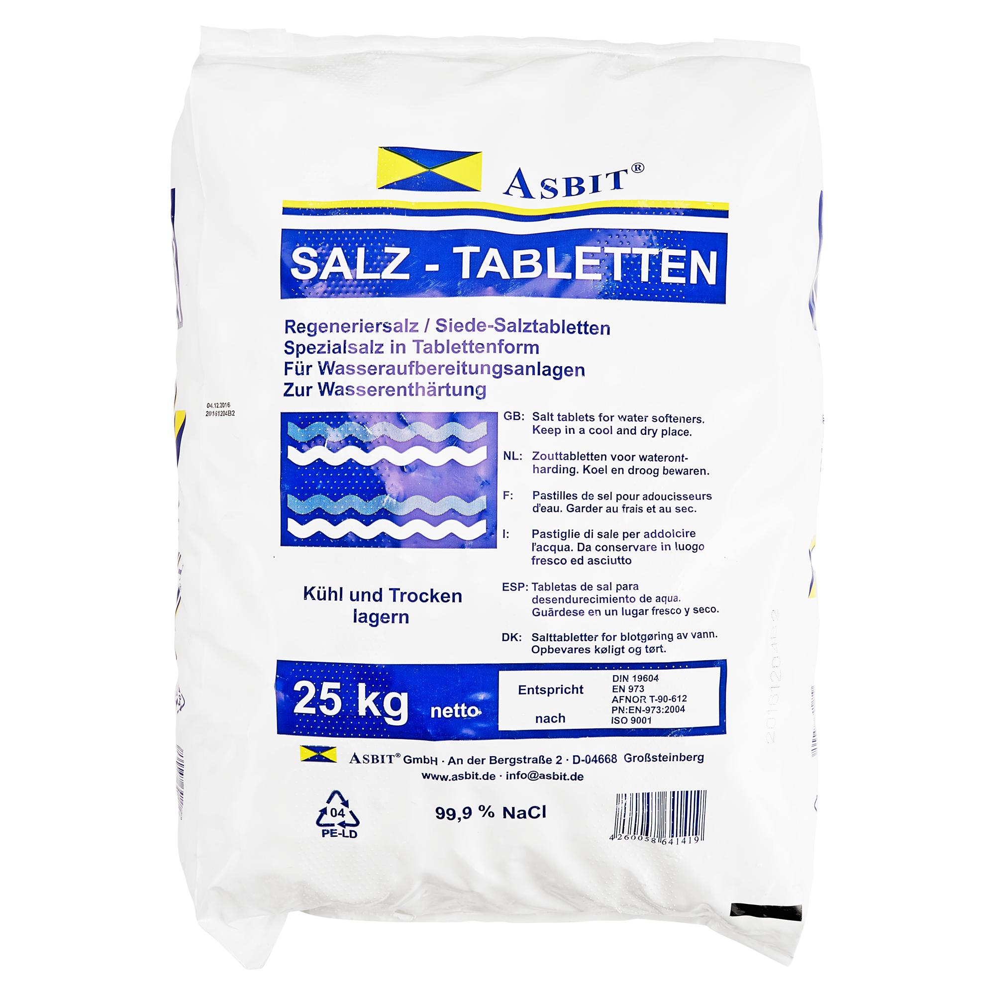 ASBIT® Siede Salz-Tabletten 25 kg – Hochreines Regeneriersalz für Wasserenthärtungsanlagen, Enthärtungsanlagen & Ionenaustauscher nach DIN EN 973 Typ A