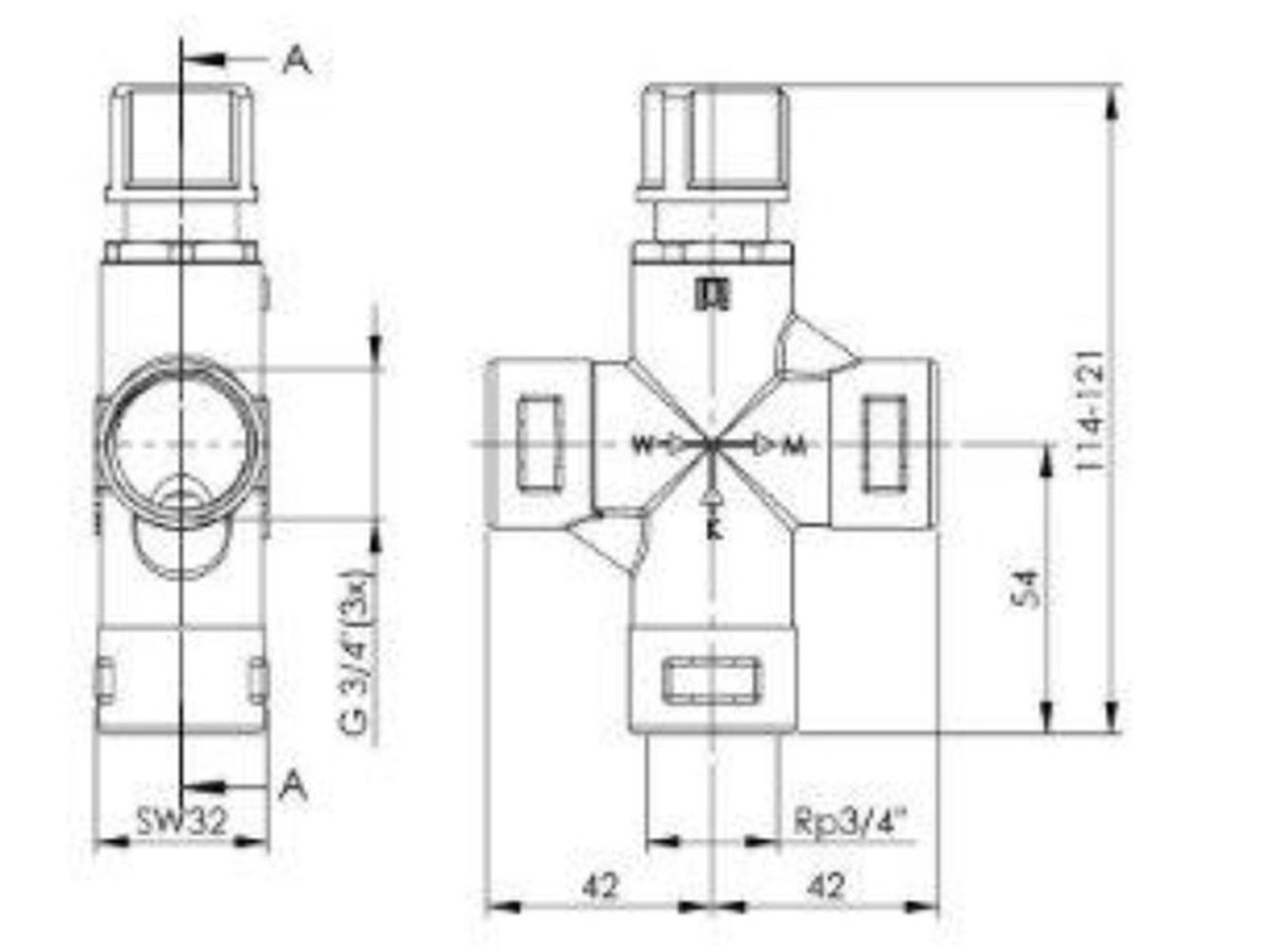 Duco-Brauchwassermischer-Zeichnung Brauchwassermischer 1"AG - 3/4"IG - 22mm Klemmring Mischventil Verbrühschutz