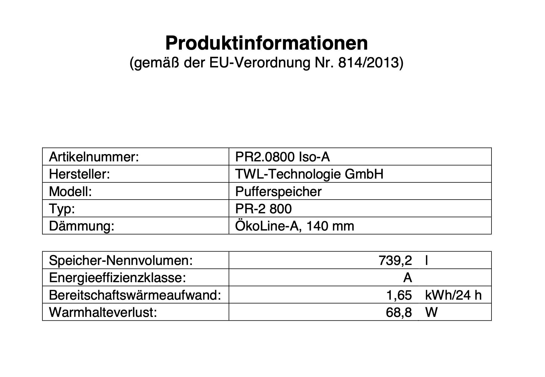 TWL Pufferspeicher PR2 800 Liter - ÖkoLine-A Isolierung