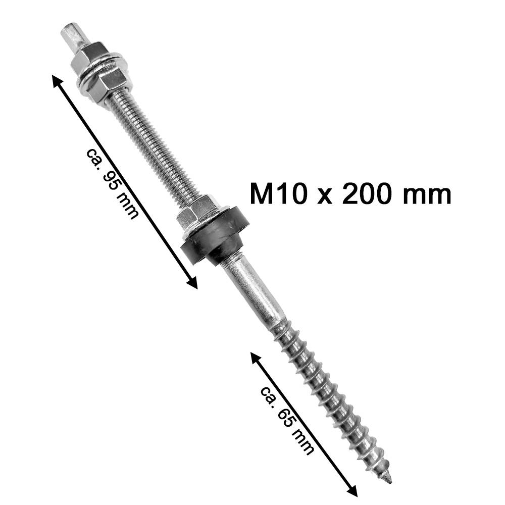 Stockschraube-M10-01 Stockschrauben M10 oder M12 montiert A2 + Flanschmutter für Dachhaken Edelstahl EPDM