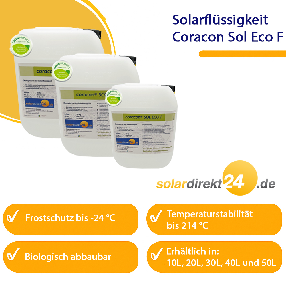 10-50 Liter Ökologische Solarflüssigkeit Coracon Sol ECO F - Temperaturstabil bis 214°C 10-50 Liter Ökologische Solarflüssigkeit Coracon Sol ECO F - Temperaturstabil bis 214°C