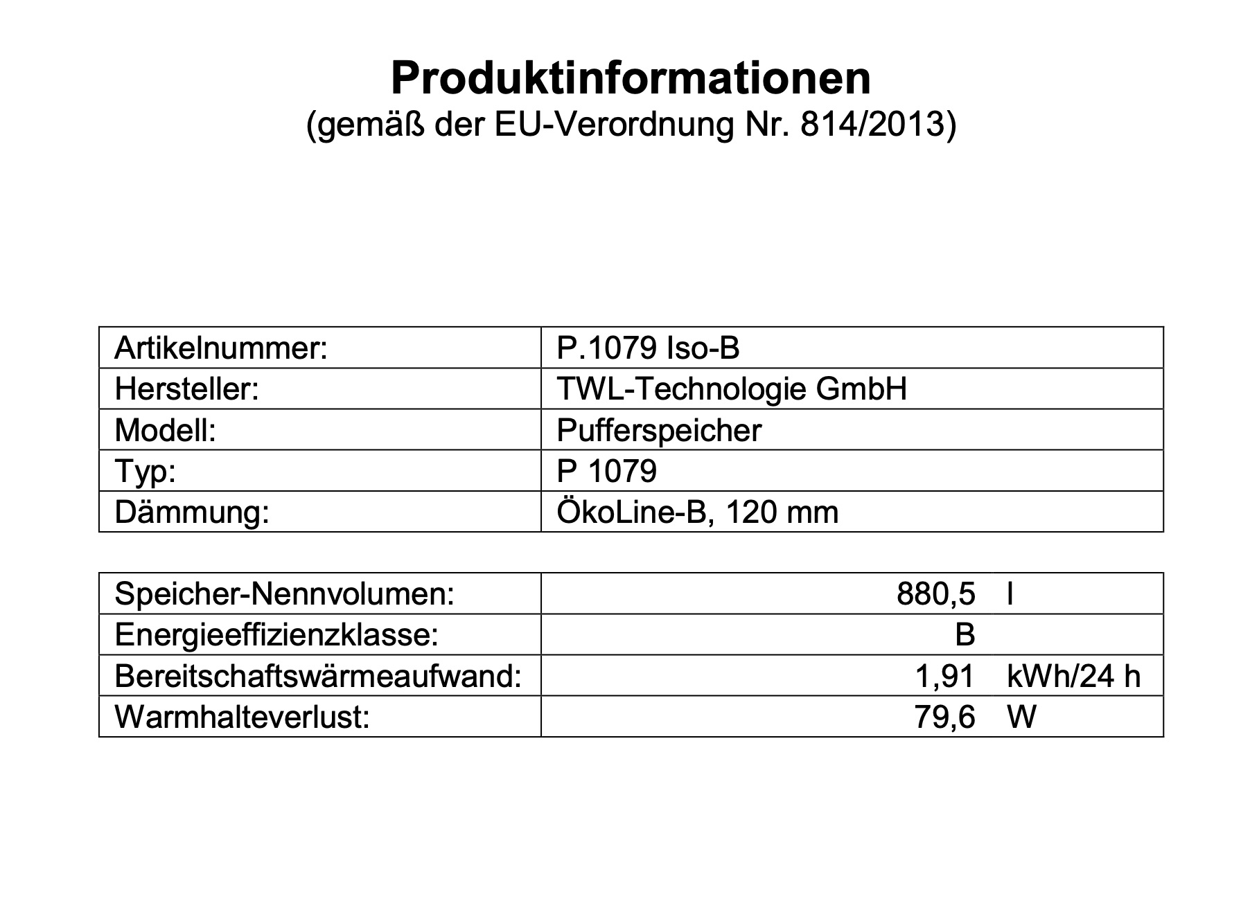 P-1079-b-erp TWL Pufferspeicher P 1000 Liter - ÖkoLine-B Isolierung - Ø 79cm