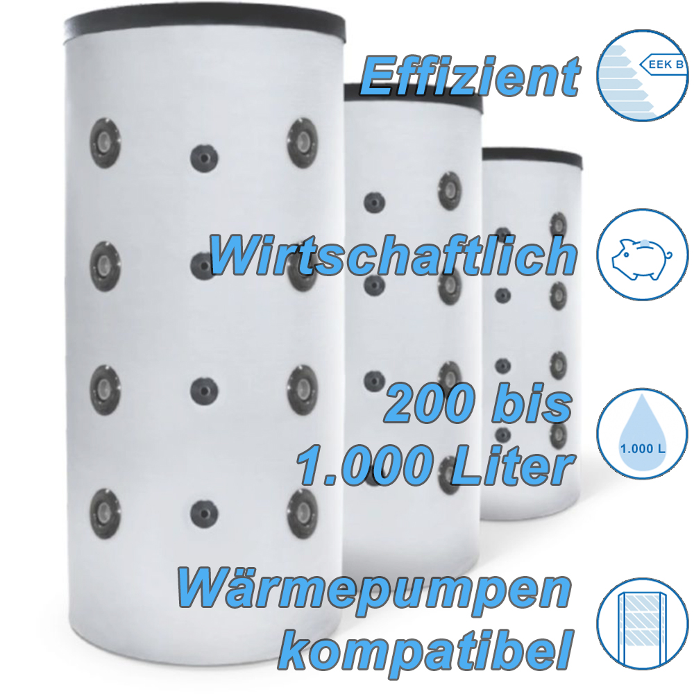 200 bis 1.000 Liter Pufferspeicher ohne Wärmetauscher für Heizung Wärmepumpe BHKW 200 bis 1.000 Liter Pufferspeicher ohne Wärmetauscher für Heizung Wärmepumpe BHKW
