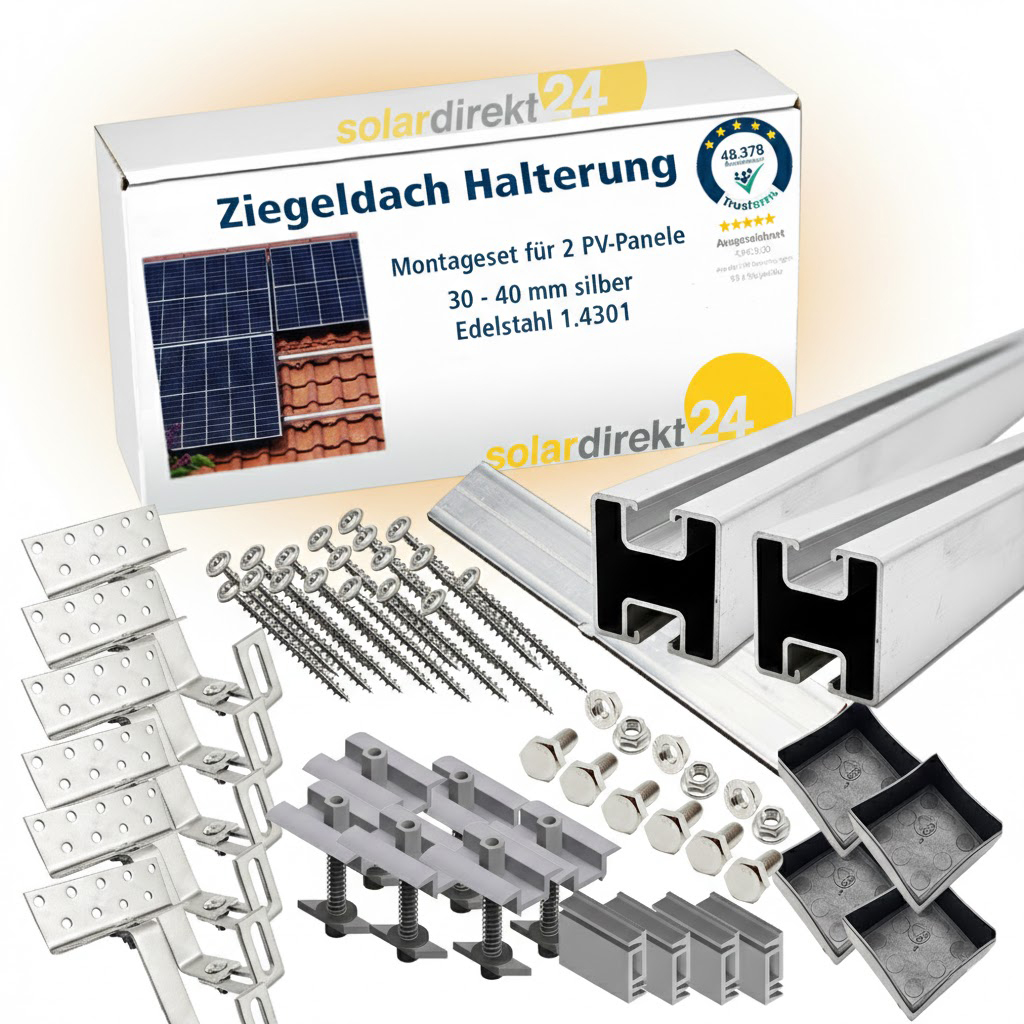 Solar Halterung Ziegeldach I Set für 2 PV Module 30-40mm I Solarmodul Halterung Balkonkraftwerk I Solarmodulbefestigungsset für Ziegeldächer