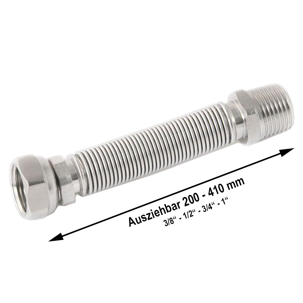 0591506-v Edelstahl Wellrohr Solarrohr ausziehbar IG/AG 200-410 mm 3/8" 1/2" 3/4" 1"