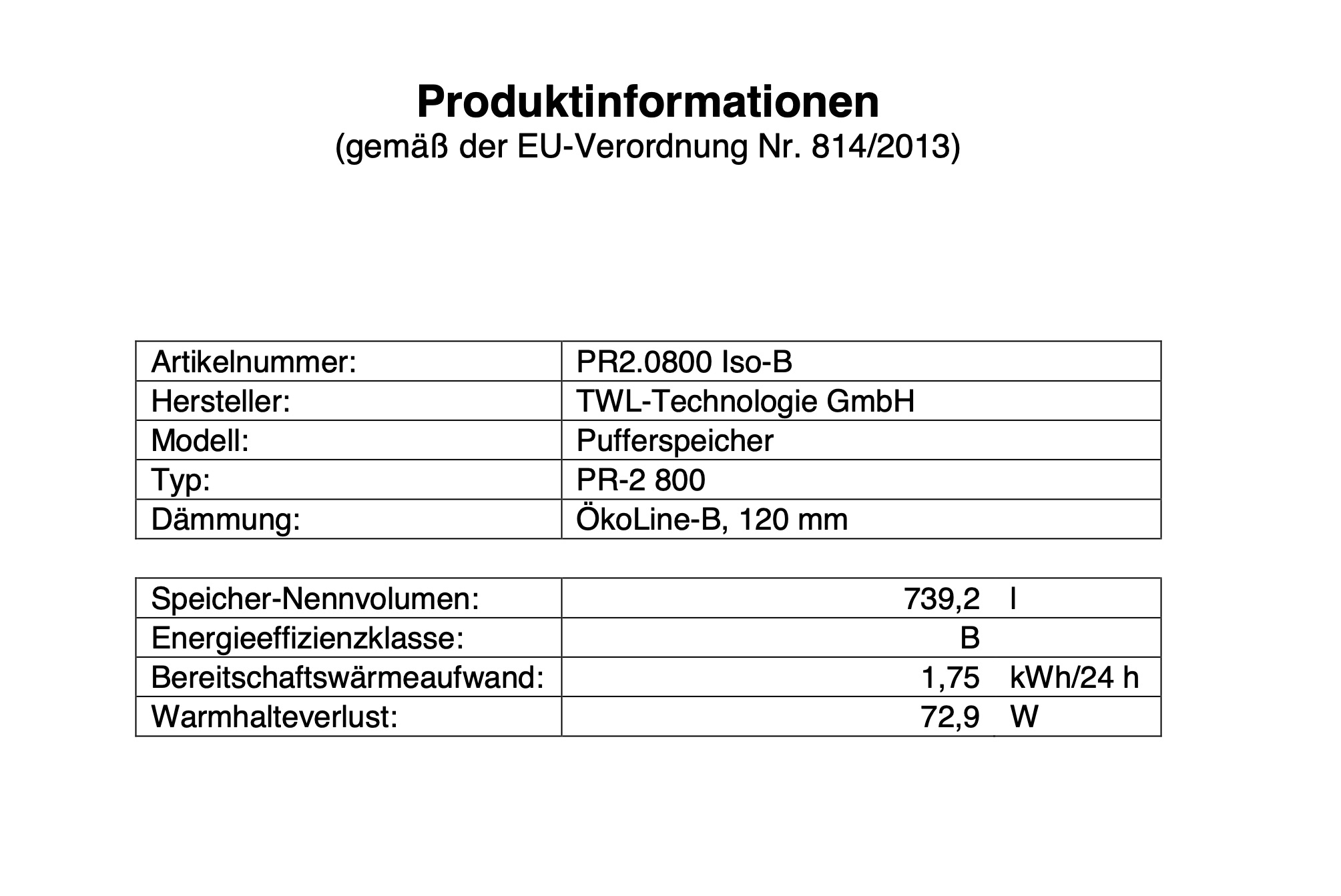 PR2-0800-b-erp TWL Pufferspeicher PR2 800 Liter - ÖkoLine-B Isolierung