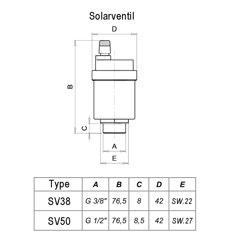SC38-SV50-Detail Solar-Schnellentlüfter aus Messing CW617N – automatische Entlüftung für Solaranlagen – für Wasser-Glykol-Gemische bis 180 °C, 10 bar – Anschluss 1/2 Zoll