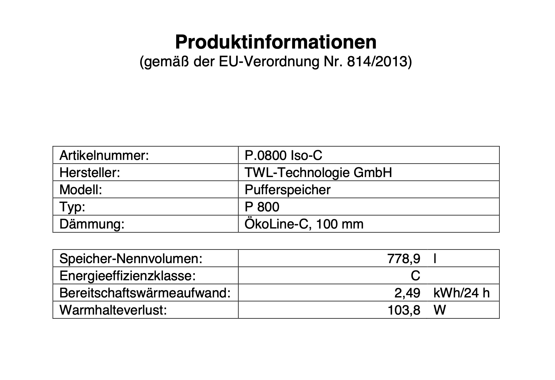 TWL Pufferspeicher P 800 Liter - ÖkoLine-C Isolierung