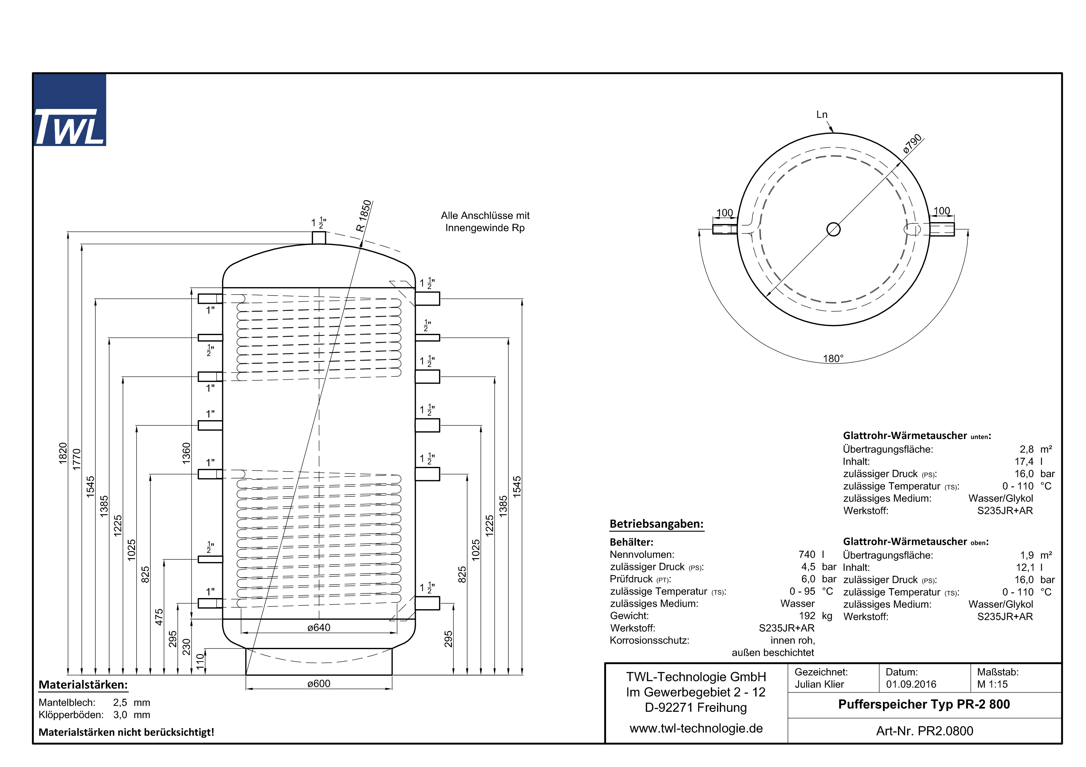 TWL Pufferspeicher PR2 800 Liter - ÖkoLine-B Isolierung