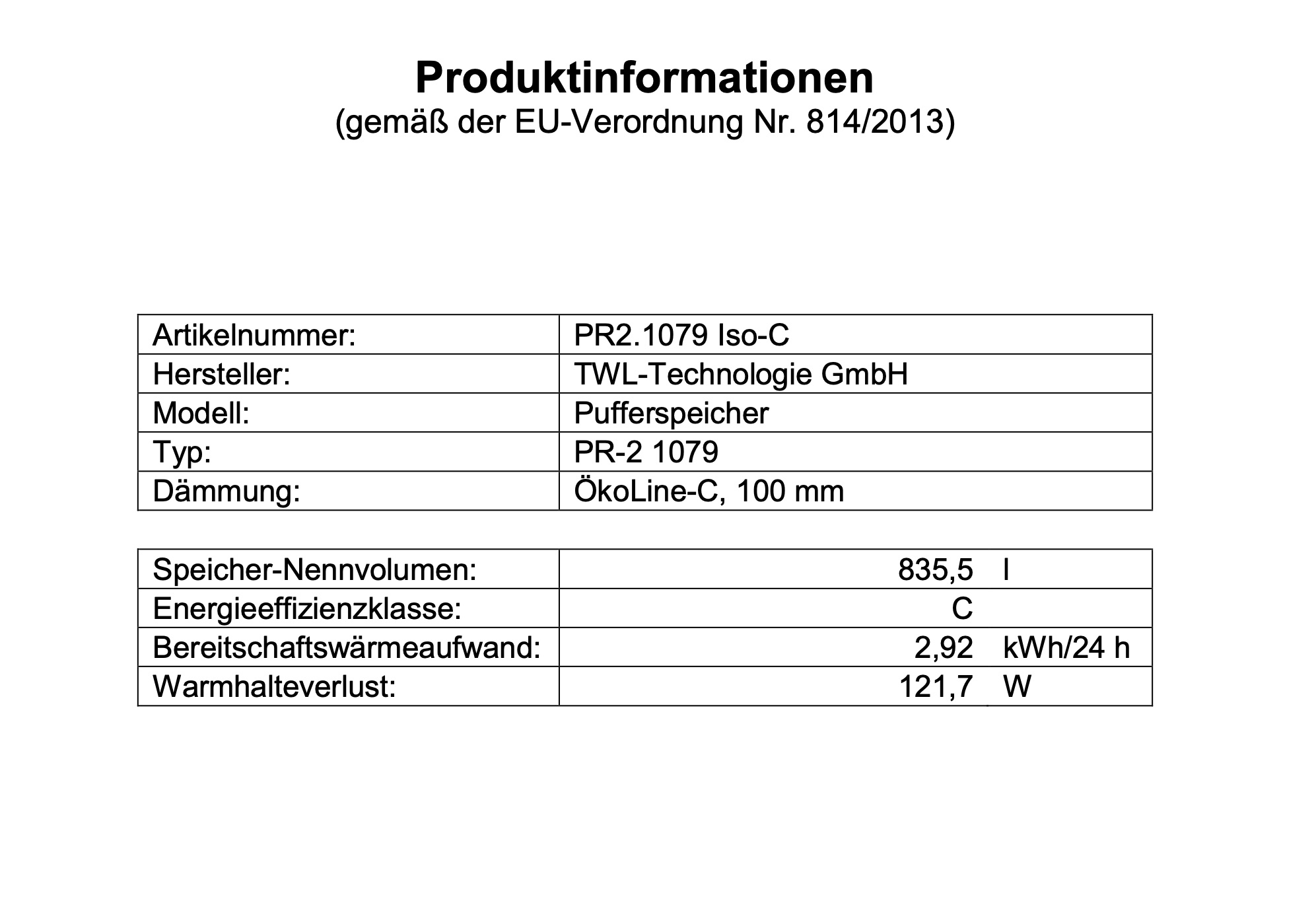 PR2-1079-c-erp TWL Pufferspeicher PR2 1000 Liter - ÖkoLine-C Isolierung - Ø 79cm