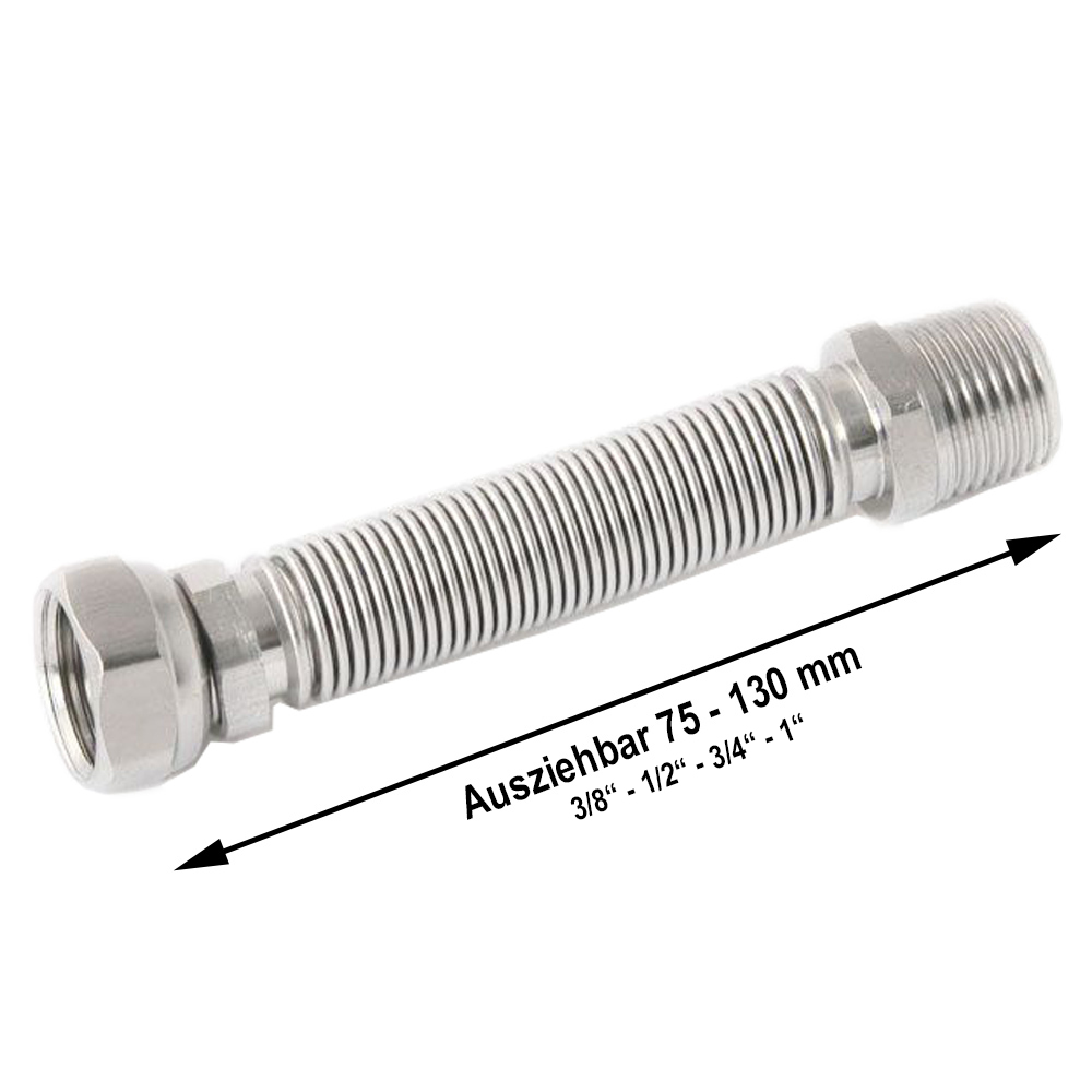 0591503-v Edelstahl Wellrohr dehnbar IG/AG – 75–130 mm 3/8“ - 1/2“ - 3/4“ - 1“ Flexibles Anschlussrohr für Heizung, Solar & Sanitär, Formstabil, temperaturbeständig, druckfest, inkl. Dichtung