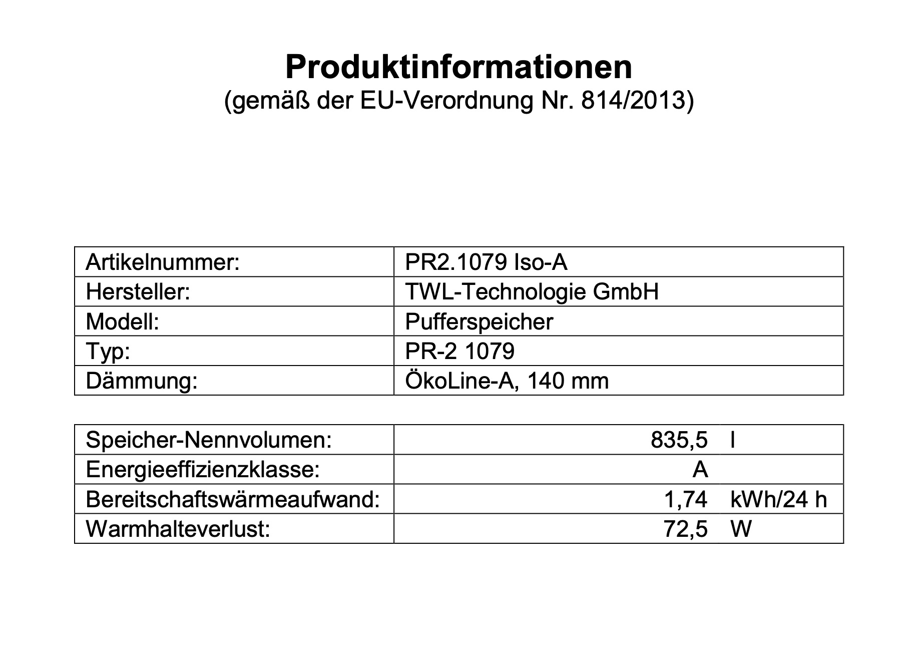 TWL Pufferspeicher PR2 1000 Liter - ÖkoLine-A Isolierung - Ø 79cm