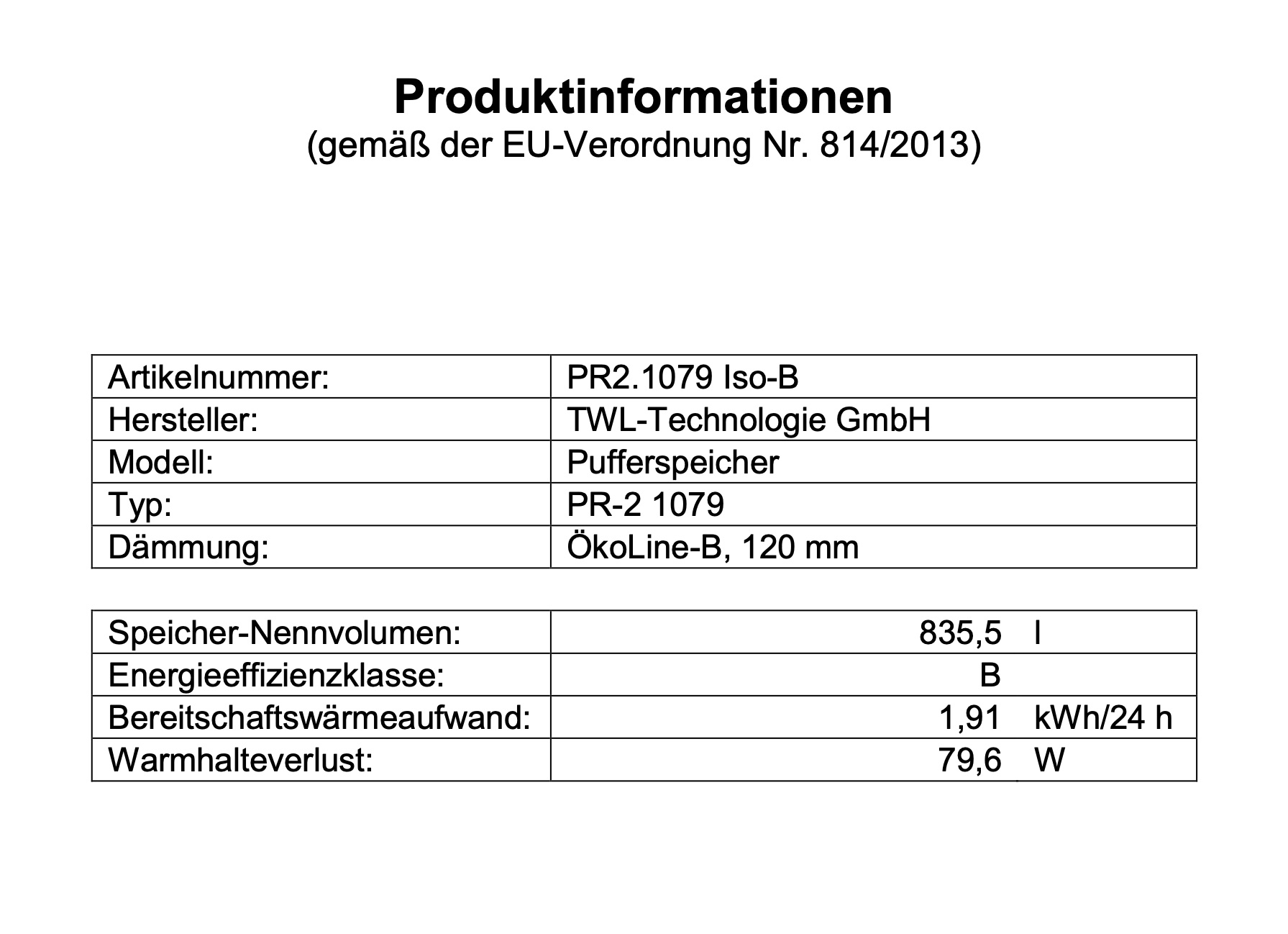 TWL Pufferspeicher PR2 1000 Liter - ÖkoLine-B Isolierung - Ø 79cm