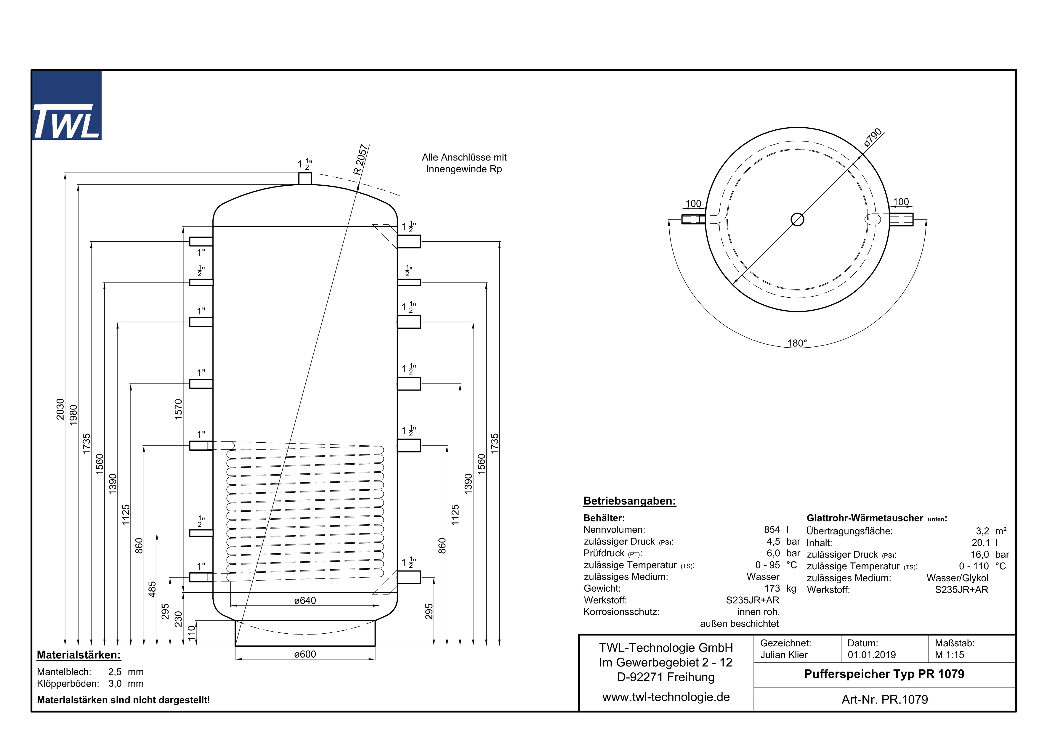 TWL Pufferspeicher PR 1000 Liter - ÖkoLine-C Isolierung - Ø 79cm