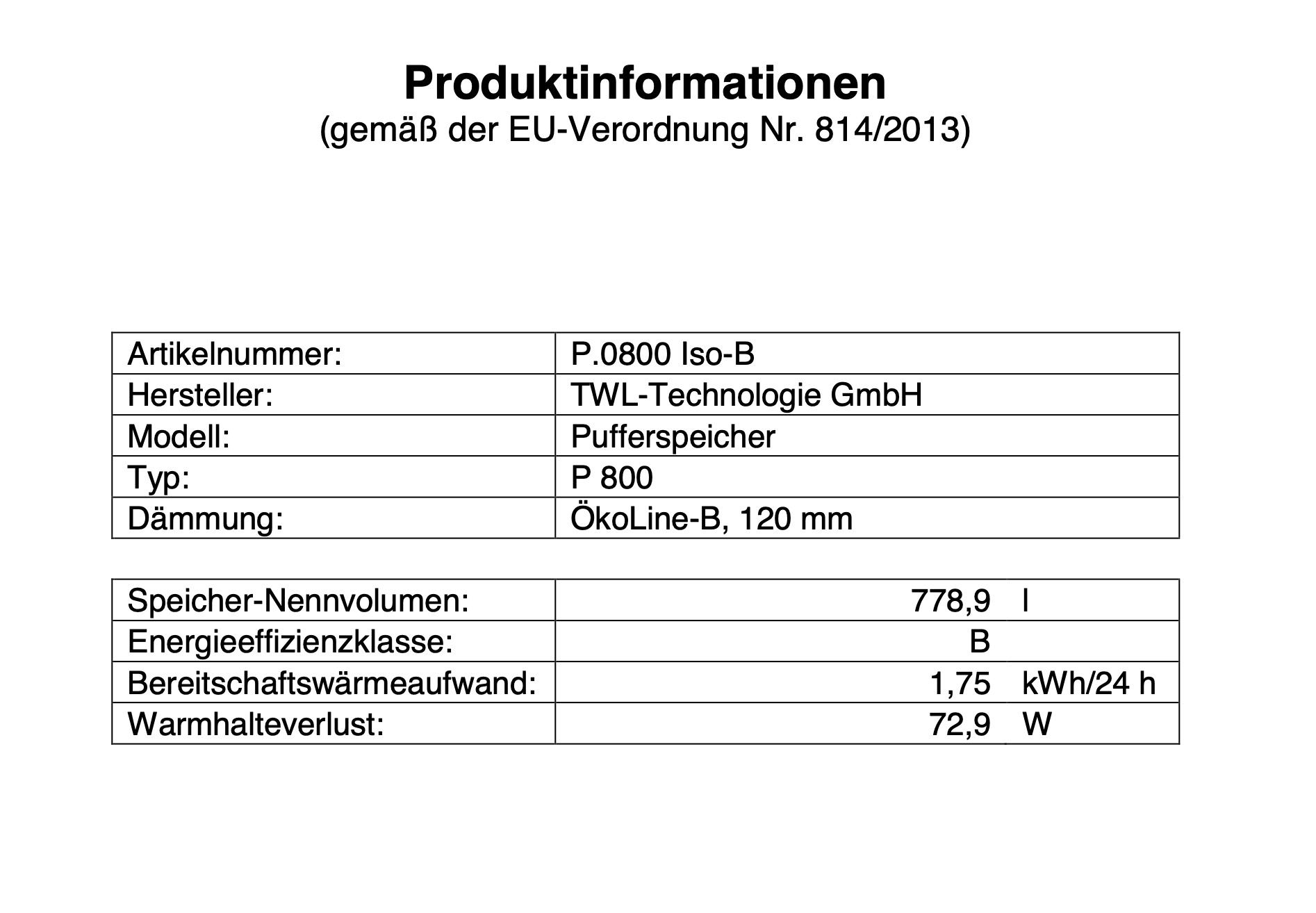 P-0800-b-erp TWL Pufferspeicher P 800 Liter - ÖkoLine-B Isolierung
