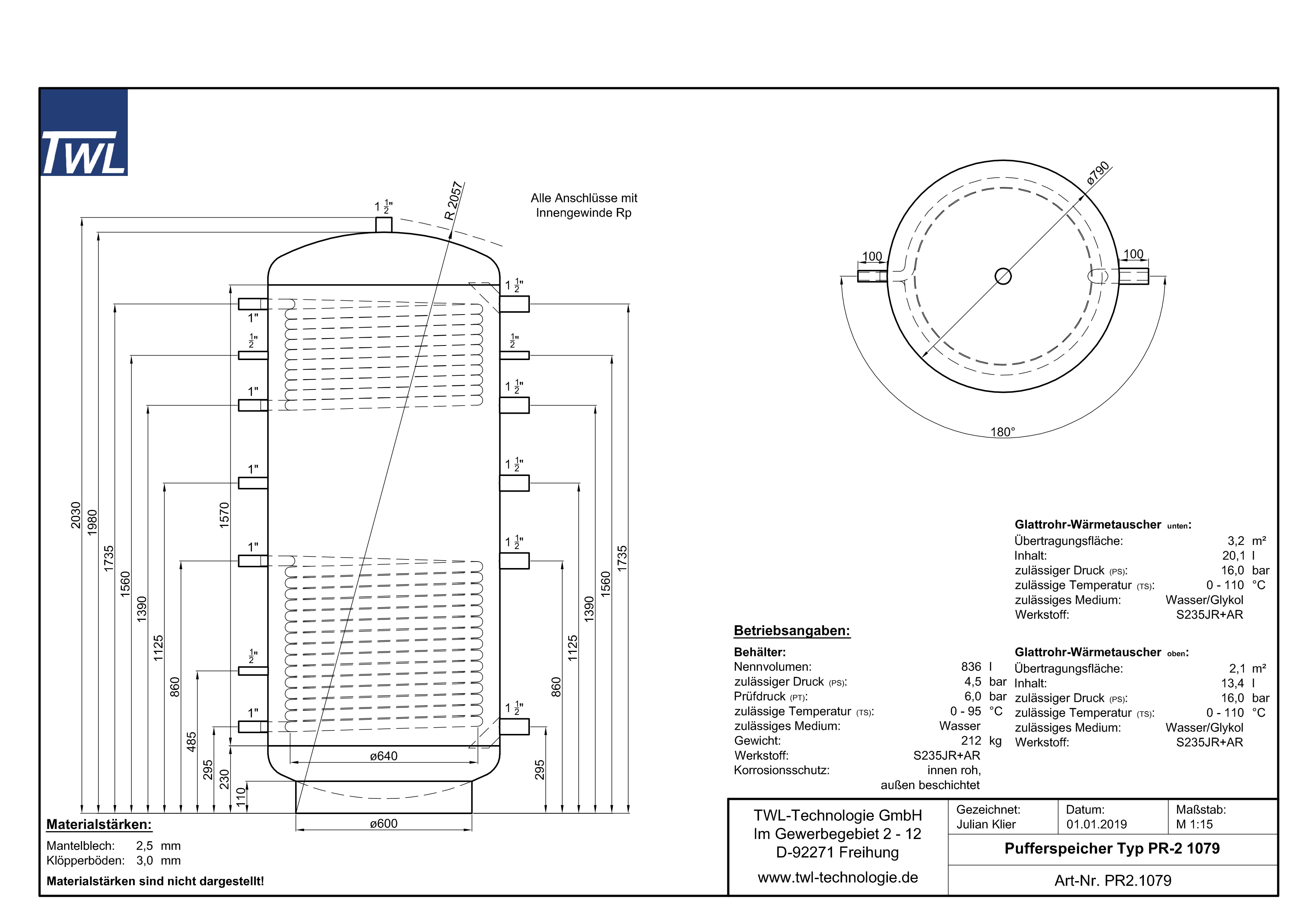 PR2-1079-datenblatt TWL Pufferspeicher PR2 1000 Liter - ÖkoLine-B Isolierung - Ø 79cm