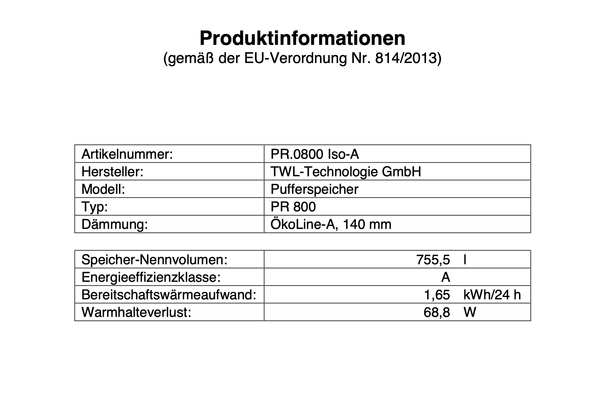 TWL Pufferspeicher PR 800 Liter - ÖkoLine-A Isolierung