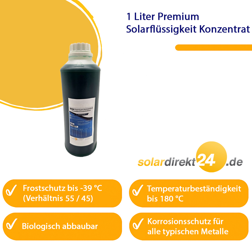 1 Liter Premium Solarflüssigkeit Konzentrat – Frostschutz bis -39 °C – Umweltfreundlich & effizient – Für Flach- und Vakuumröhrenkollektoren 1 Liter Premium Solarflüssigkeit Konzentrat – Frostschutz bis -39 °C – Umweltfreundlich & effizient – Für Flach- und Vakuumröhrenkollektoren