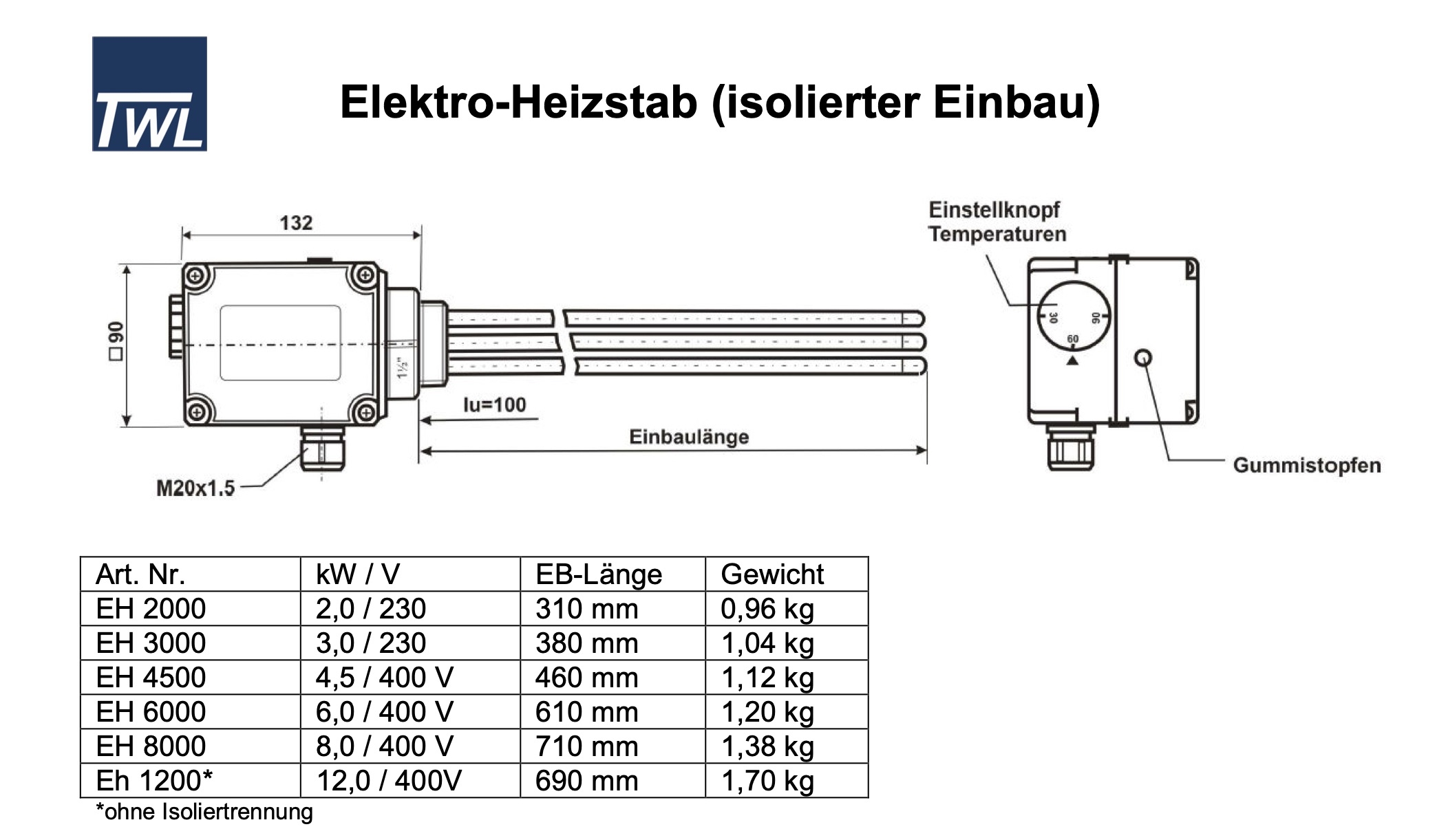 TWL Elektroheizstab regelbarer Heizstab Heizpatrone Heizelement