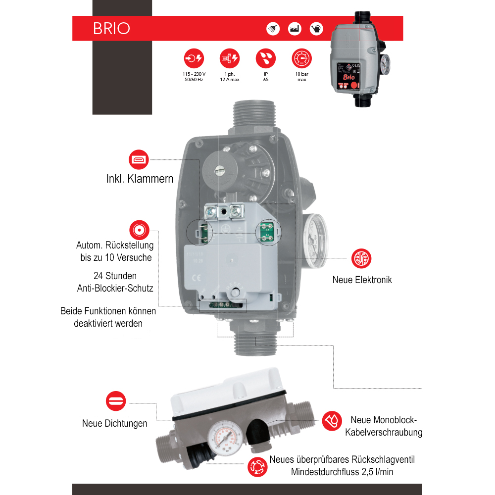 Italtecnica Brio 2000 Pumpensteuerung elektronischer Druckschalter Steuersystem mit Manometer