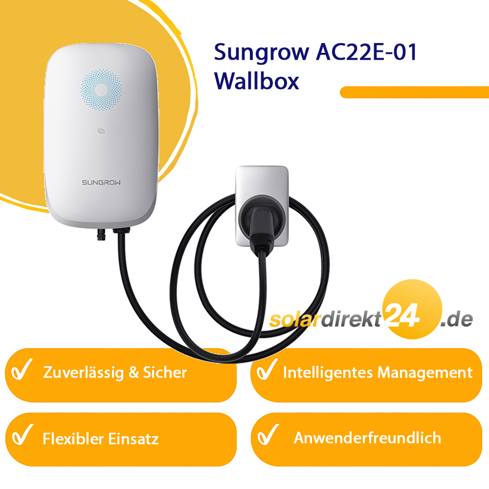 Sungrow AC22E-01 Wallbox 22 kW mit 7 m Typ-2 Kabel – WLAN, LAN, RFID, PV-Überschussladen, IP65, 11/22 kW einstellbar