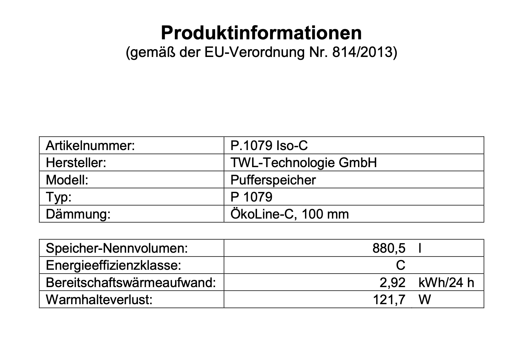 P-1079-c-erp TWL Pufferspeicher P 1000 Liter - ÖkoLine-C Isolierung - Ø 79cm