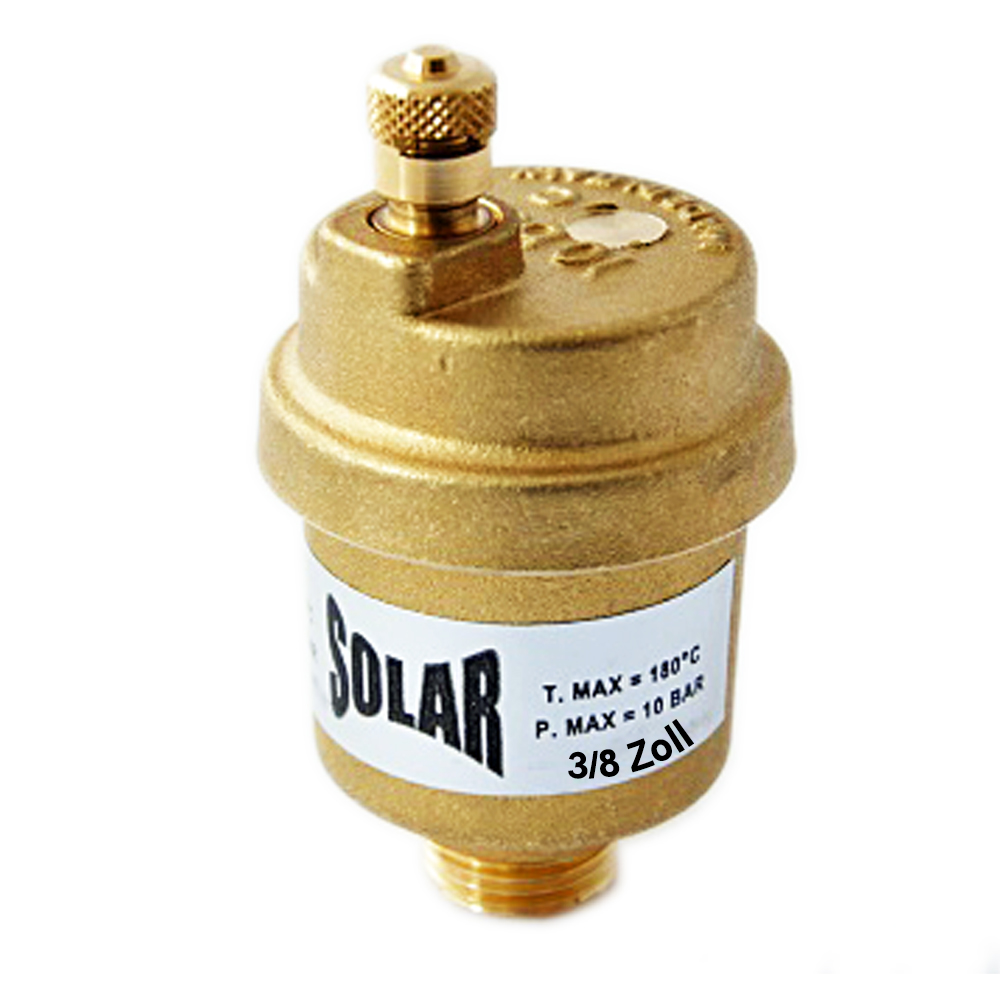SV38-02 Solar-Schnellentlüfter aus Messing CW617N – automatische Entlüftung für Solaranlagen – für Wasser-Glykol-Gemische bis 180 °C, 10 bar – Anschluss 3/8 Zoll