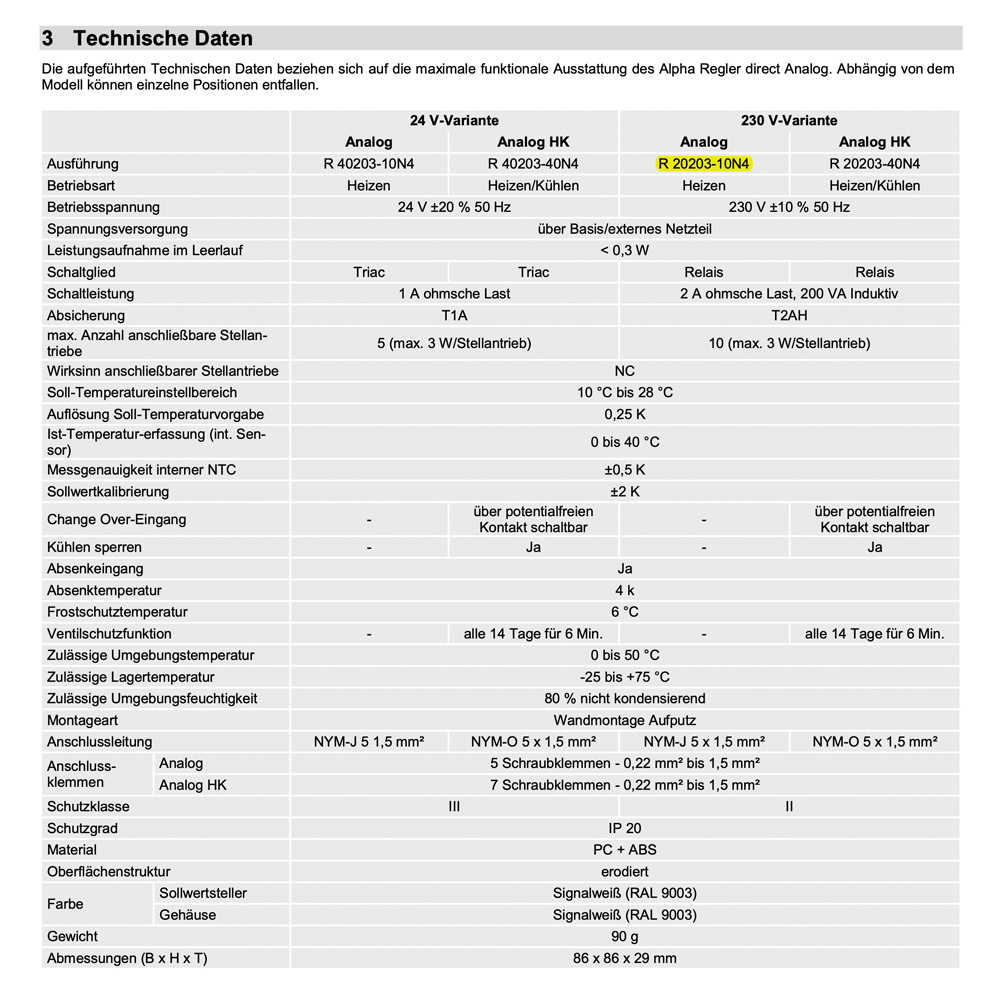 111173201-02 Alpha direct Analog 24V Raumtemperaturregler Raumthermostat Heizen
