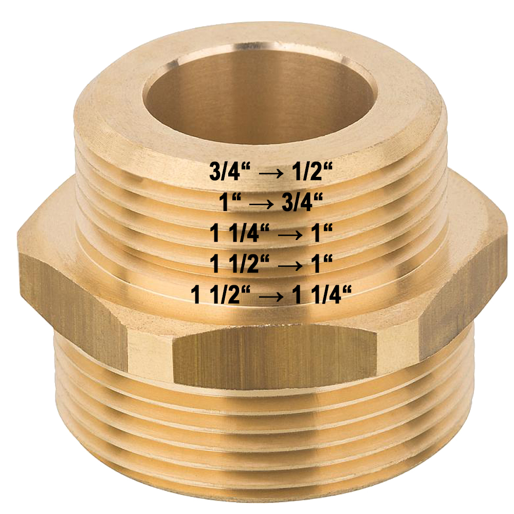 9701705-V01 Reduzierter Doppelnippel Messing, beidseitig flachdichtend 3/4" bis 1 1/2"