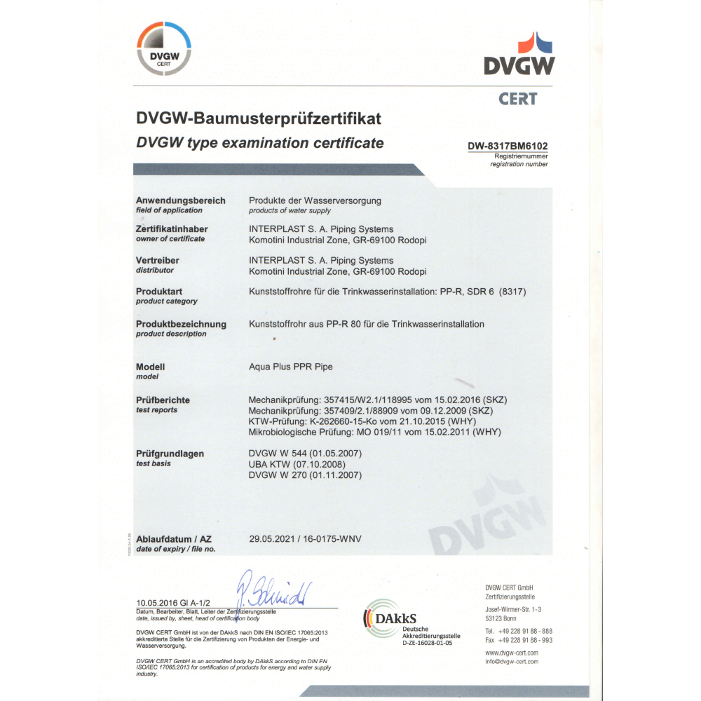 Aqua-Plus-DVGW-Zertifikat-2 Aqua-Plus - PPR Rohr 90° Winkel Kunststoff Schweißsysteme 20-40 mm